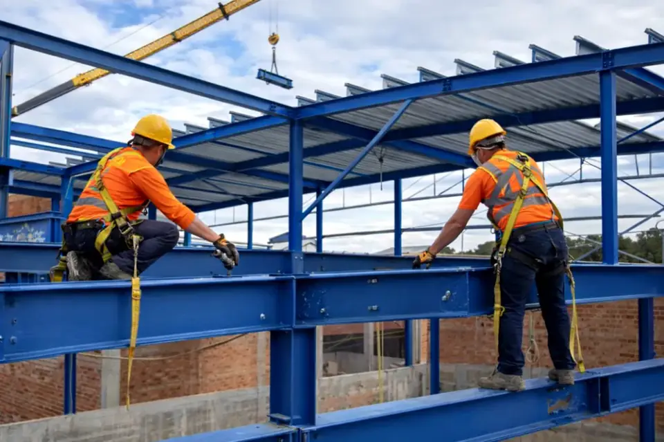 Equipo propio de Metaly montando una estructura metálica de acero en obra